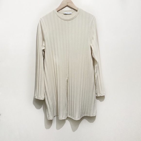 Mango Ribbed Knit Longsleeve Tunic Size XL Cream Front Slit Minimalist - Picture 2 of 12